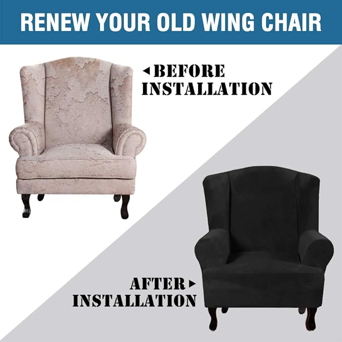 H.VERSAILTEX Wingback Chair Covers Velvet Plush Wing Chair Slipcover 1 Piece High Stretch Wing Back Chair Slipcovers Sofa Cover Furniture Cover with Elastic Bottom, Black