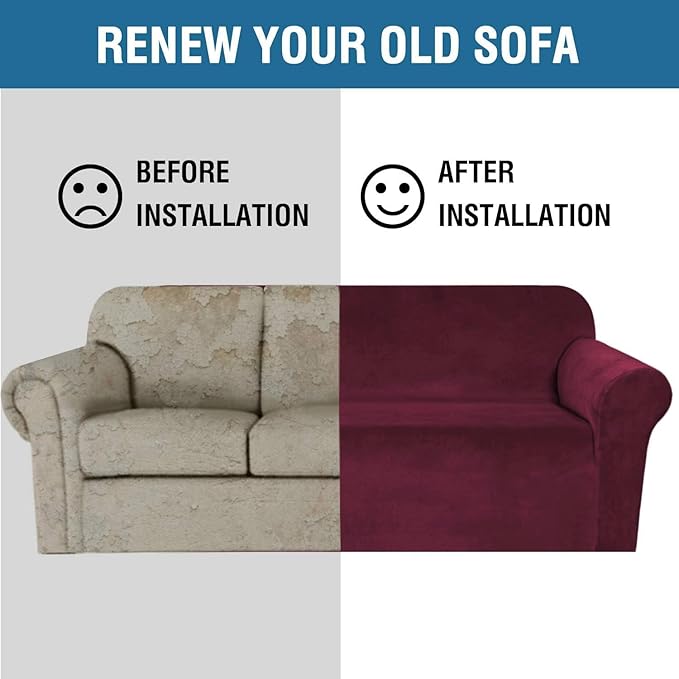 H.VERSAILTEX Stretch Velvet Sofa Covers for 3 Cushion Couch Covers Furniture Protector Soft with Non Slip Elastic Bottom, Crafted from Thick Comfy Rich Velour (Large Sofa 90"-97", Burgundy)