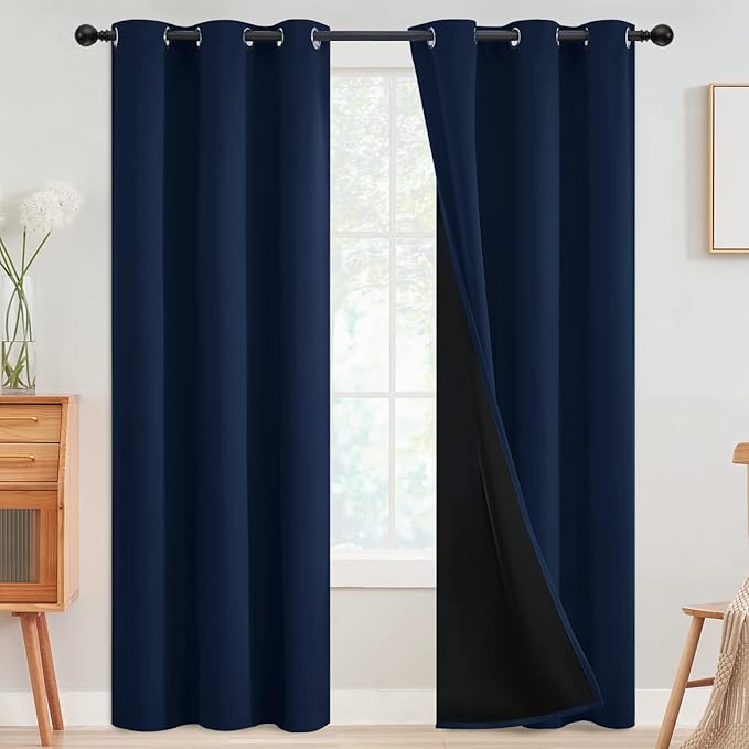 SimpleHome 100% Blackout Curtains for Bedroom,Thermal Insulated Grommet Window Drapes Room Darkening Navy Blue Curtains for Living Room with Black Back,42 x 84 Inch,2 Panels