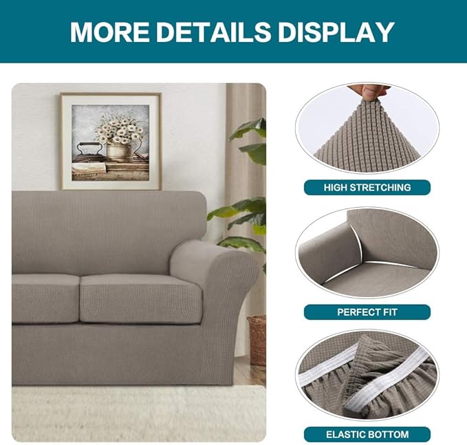 Turquoize 4 Piece Couch Covers for 3 Cushion Couch Sofa Pet Friendly Stretch Couch Cover for Dogs Washable Sofa Covers with Individual Couch Cushion Covers, Jacquard Fabric (3 Cushion Sofa, Taupe)