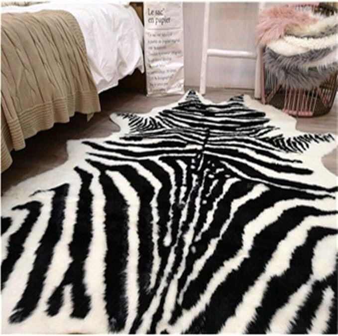 Zebra Print Rug Faux Animal Cowhide Skin Area Rug Leather Carpet Mat Large Size for Home Office Livingroom 7.9'x5.6'