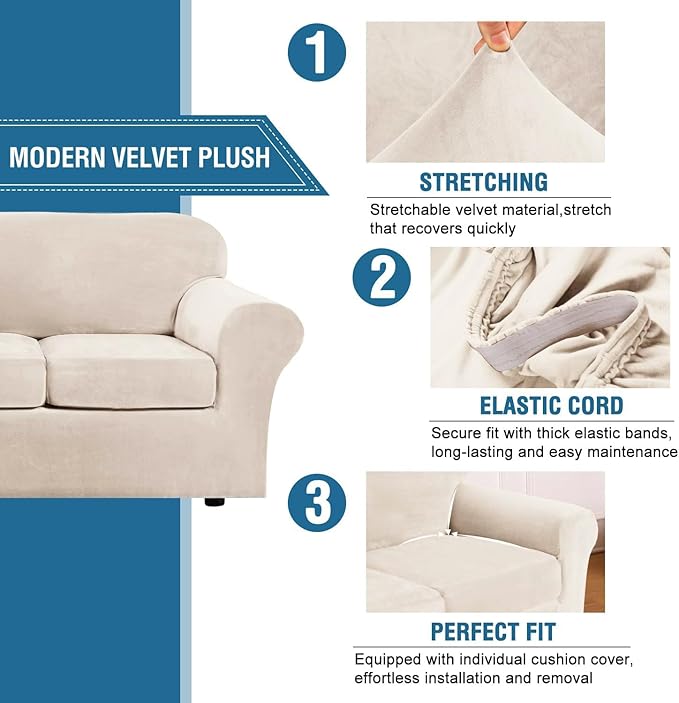 H.VERSAILTEX Modern Velvet Plush 4 Piece High Stretch Sofa Slipcover Sofa Cover Furniture Protector Form Fit Thick Velvet Sofa Cover for 3 Cushion Couch Width Up to 90 Inch (Sofa, Cream)