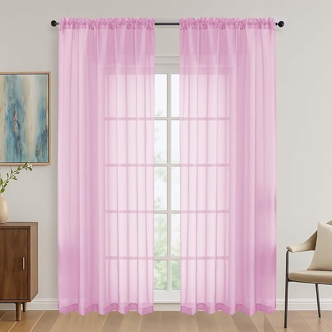OVZME Light Pink Sheer Curtains 84 Inches Long 2 Panels Set, Light Filtering Sheer Curtains for Living Room Bedroom 59 Inch Extra Wide, Modern Voile Filmy Rod Pocket Window Drapes, 59Wx84L Inches