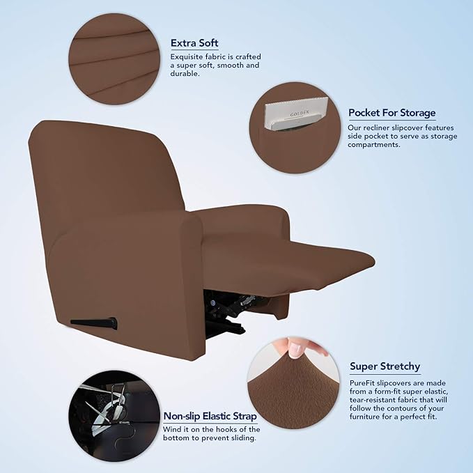 PureFit Super Stretch Recliner Sofa Slipcover with Pocket – Spandex Non Slip Soft Couch Sofa Cover, Washable Furniture Protector with Elastic Bottom for Kids, Pets （Recliner, Brown）