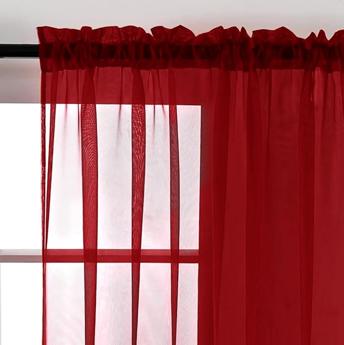 SpaceDresser Christmas Red Sheer Curtains 4 Panels Rod Pocket Semi-Sheer Curtain 72 Inches Long Light Filtering Voile Window Drapes for Bedroom Living Room Kitchen, Each 52W x 72L