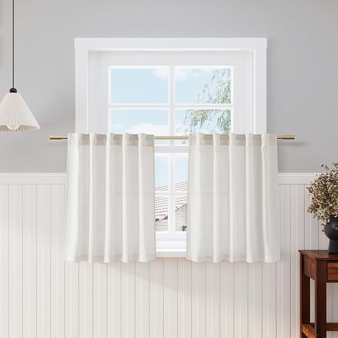 Nanspring Cafe Linen Curtains 30 Inch Length for Kitchen Windows Over Sink, Cream Natural Semi Sheer Light Filtering Back Tab and Rod Pocket Drapes for Small Window 34 x 30 Inch,2 Panels