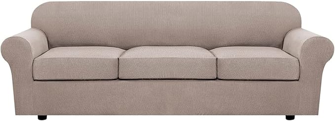 H.VERSAILTEX 4 Piece Stretch Sofa Covers for 3 Cushion Couch Covers for Living Room Furniture Slipcovers (Base Cover Plus 3 Seat Cushion Covers) Thicker Jacquard Fabric (Large Sofa, Sand)