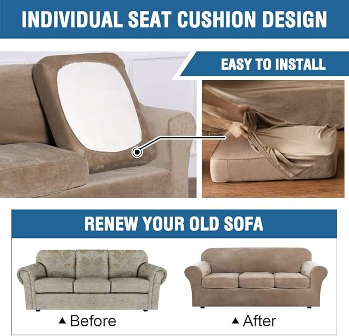 H.VERSAILTEX Rich Velvet Stretch 2 Piece Cover Chair Slipcover Sofa Cover Furniture Protector Couch Soft with Elastic Bottom Chair Couch Cover with Arms Width Up to 49 Inch(Chair,Camel)