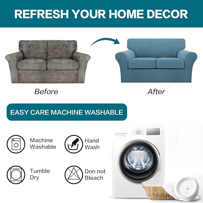 Turquoize 3 Piece Sofa Covers for 2 Cushion Couch Sofa Slipcover Soft Couch Cover for Dogs-Washable Sofa Furniture Covers with 2 Individual Cushion Covers, Thick Jacquard Fabric (Loveseat, Storm Blue)