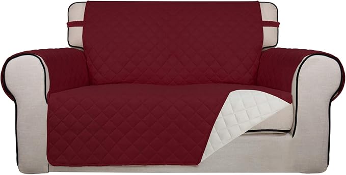 PureFit Reversible Quilted Sofa Cover, Water Resistant Slipcover Furniture Protector, Washable Couch Cover with Non Slip and Elastic Straps for Kids, Pets (Loveseat, Red/Ivory)
