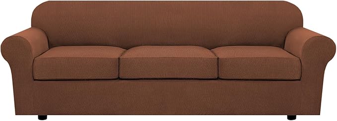 H.VERSAILTEX 4 Piece Stretch Sofa Covers for 3 Cushion Couch Covers for Living Room Furniture Slipcovers (Base Cover Plus 3 Seat Cushion Covers) Upgraded Thicker Jacquard Fabric (XL Sofa, Caramel)