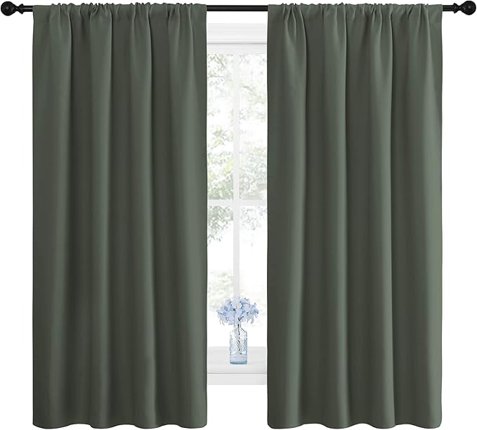 NICETOWN Bedroom Curtains Blackout Draperies - All Season Thermal Insulated Solid Rod Pocket Top Blackout Curtains/Drapes for Kid's Room (Dark Mallard, 1 Pair, 42 x 63 Inch)