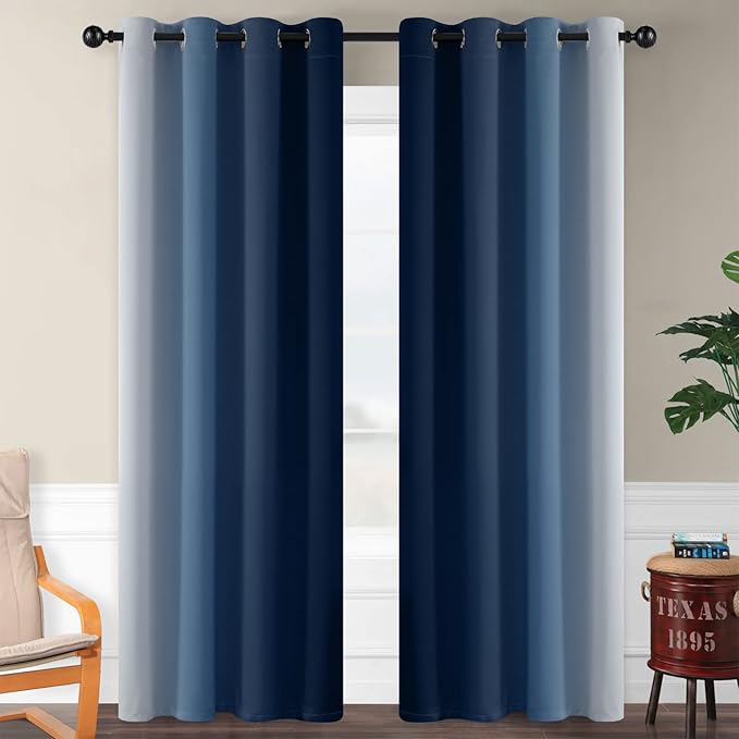 SimpleHome Ombre Room Darkening Curtains for Living Room, Light Blocking Gradient Blue to Greyish White Thermal Insulated Grommet Window Curtains/Drapes for Bedroom, 2 Panels, 52x84 inches Length