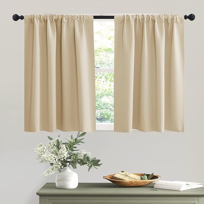 RYB HOME Short Biscotti Beige Curtains for Small Bedroom Window, Insulating UV Blocking Drapes for Kitchen Cafe Basement Garage, Privacy Tiers for Bathroom Window, Width 42 by Length 36, Set of 2