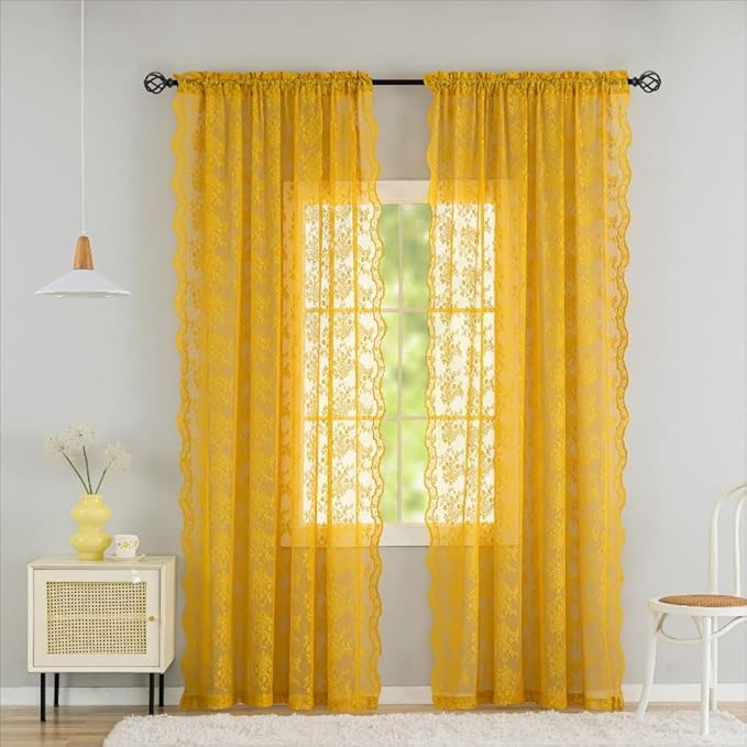 YJ YANJUN Vintage Lace Curtains 84 Inches Long-Victorian Floral Pattern Boho Mustard Yellow Sheer Curtain Panels for Living Room Bedroom,Light Filtering, Dark Gold Summer Drapes 2 Panels 52W x 84L