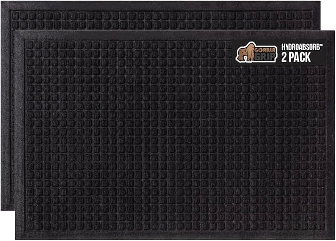 GORILLA GRIP® Ultra Absorbent Front Door Mat Outside Entrance, Traps Dirt and Moisture, HydroABSORB Indoor Outdoor Doormat Holds 1.7 Cups Water, Stain and Fade Resistant Welcome Mat 2 Pack 29x17 Black
