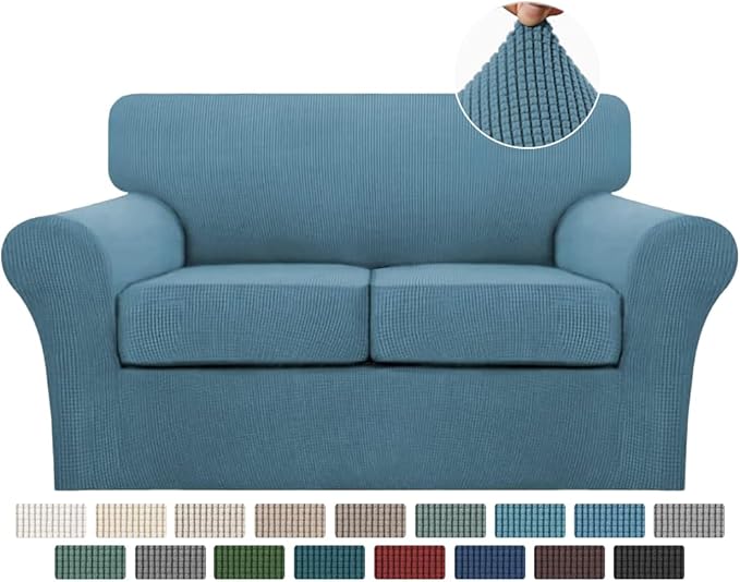 Turquoize 3 Piece Sofa Covers for 2 Cushion Couch Sofa Slipcover Soft Couch Cover for Dogs-Washable Sofa Furniture Covers with 2 Individual Cushion Covers, Thick Jacquard Fabric (Loveseat, Storm Blue)