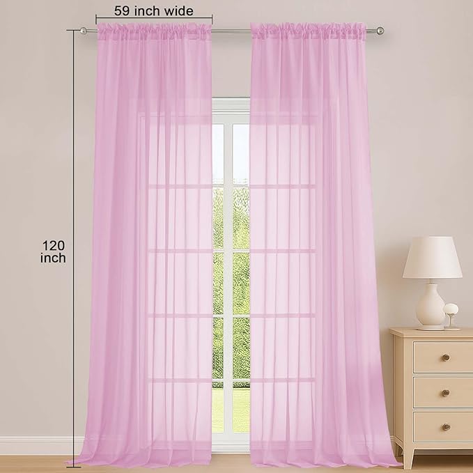 OWENIE Pink Sheer Curtains 120 Inches Long 2 Panels Set, Airy Lightweight Sheer Pink Curtains for Living Room Bedroom, Farmhouse Voile Filmy Rod Pocket Curtains Drapes, 2 Pcs, Each 59" Wx120 L Inch