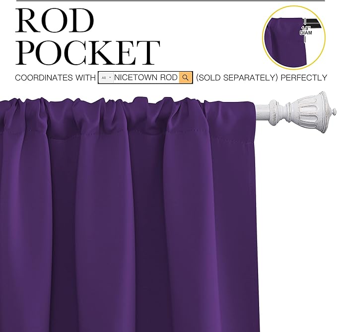 NICETOWN Bedroom Curtain Panels for Kids Room, Triple Weave Home Decoration Thermal Insulated Solid Blackout Curtains & Drapes for Nursery (Set of 2, 34-inch x 63-inch, Royal Purple)