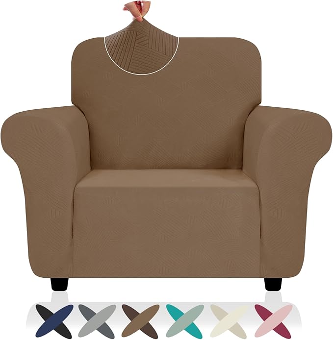 ZNSAYOTX Chair Cover with Arms (30"-47"), New Striped Sofa Chair Covers for Living Room, Dogs Pet Friendly Anti-Slip Chair Protector Spandex Armchair Slipcovers (Light Coffee, Chair)