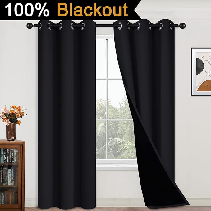 Yakamok 100% Blackout Curtains Energy Saving Thermal Insulated 2 Thick Layers Completely Blackout Drapes with Black Liner for Bedroom(42Wx84L,Black, 2 Panels)