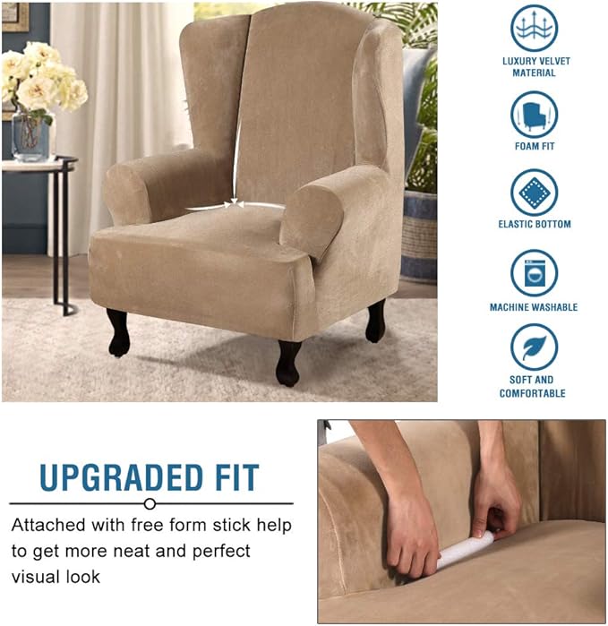 H.VERSAILTEX Wingback Chair Covers Velvet Plush Wing Chair Slipcover 1 Piece High Stretch Wing Back Chair Slipcovers Sofa Cover Furniture Cover with Elastic Bottom, Camel