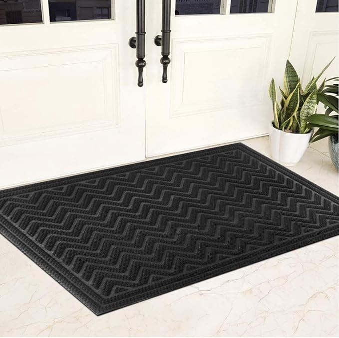 Mibao Front Door Mat, Dirt Trapper Welcome Mat for Outdoor Indoor, Non-Slip Waterproof Doormat, Durable Low Profile Entry Rug for Back Door Outside Patio Porch, 35.5" x 24", Black