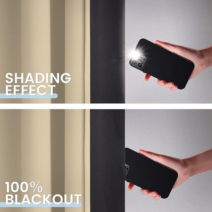 SimpleHome 100% Blackout Curtains for Bedroom,Thermal Insulated Beige Grommet Window Drapes Room Darkening Curtains for Living Room with Black Back,62 x 84 Inch,2 Panels