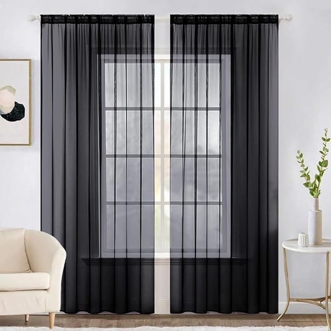 MIULEE 2 Panels Solid Color Sheer Window Curtains Elegant Halloween Window Voile Panels/Drapes/Treatment for Bedroom Living Room (54 X 84 Inches Black)