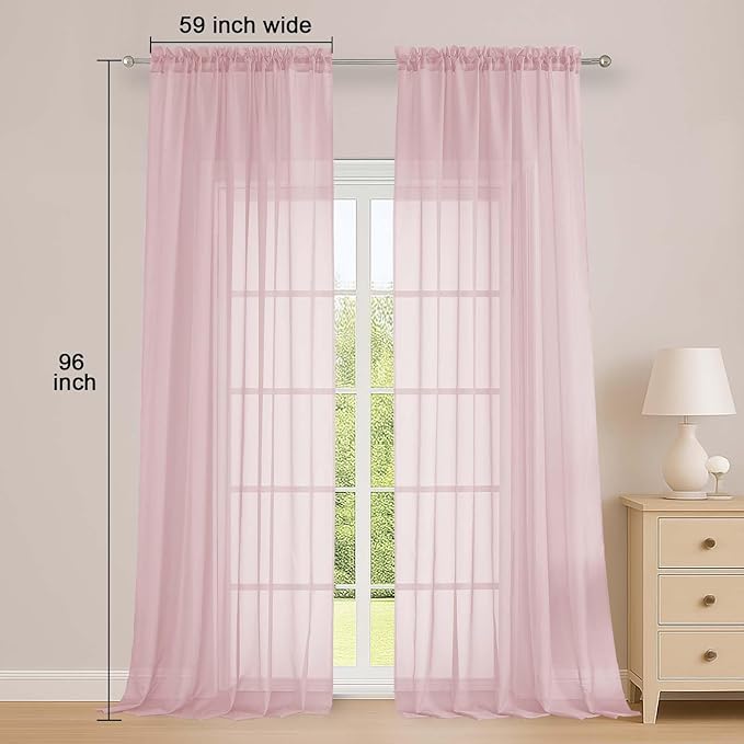 OWENIE Extra Long Blush Sheer Curtains 96 Inches Long 2 Panels Set, Soft Lightweight Airy Voile Sheer Curtain for Bedroom Living Room, Rod Pocket Solid Color Farmhouse Curtains, 59" Wx96 L Inch