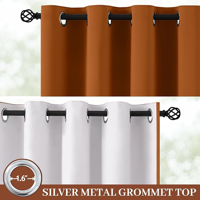 Yakamok 100% Blackout Curtain Panels 63 inches Cold and Light Blocking Drapes for Nursery, 2 Thick Layers Thermal Insulated Draperies (2 Pieces, 50 Wide Each Panel, Burnt Orange/White Backing)