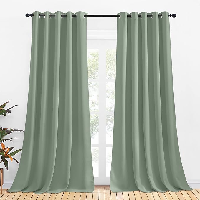 NICETOWN Bedroom Curtains Blackout Drapery Panels, 2 Panels, 70 x 108 inches, Greyish Green, Three Pass Microfiber Thermal Insulated Solid Ring Top Blackout Window Curtains/Drapes
