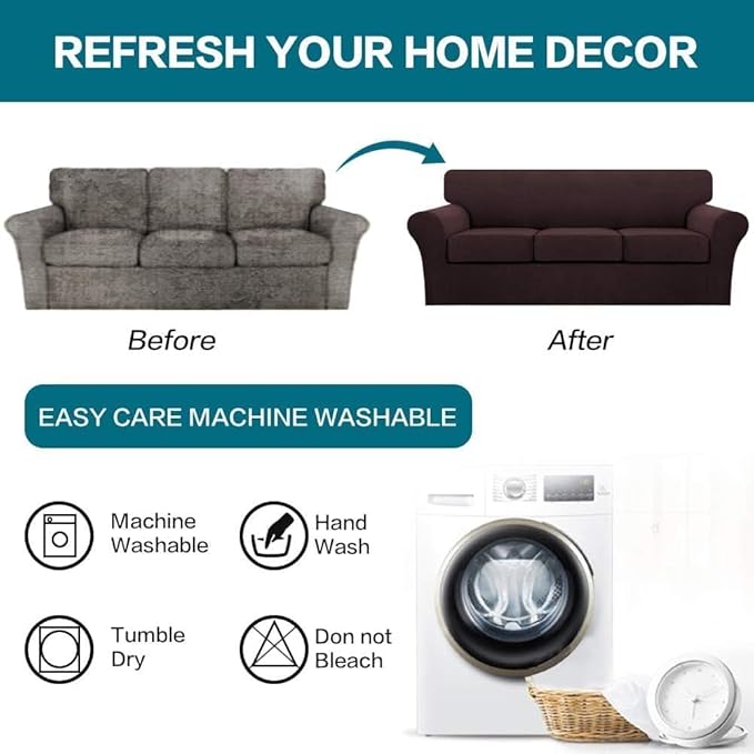 Turquoize 4 Piece Sofa Covers for 3 Cushion Couch Sofa Slipcover Soft Couch Cover for Dogs Washable Furniture Cover with 3 Individual Large Cushion Covers Feature Fabric (Large Sofa, Brown)