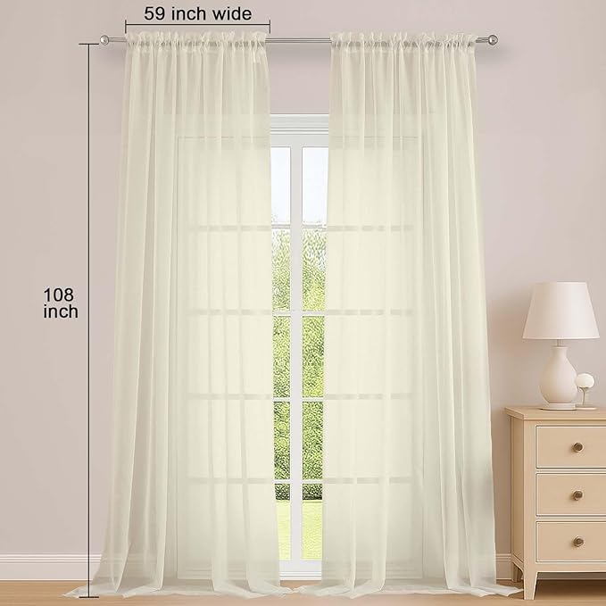 OWENIE Sheer Cream Curtains 108 Inches Long for Living Room Bedroom 2 Panels Set, Lightweight Airy Cream Sheer Curtain, Filmy Voile Rod Pocket, 2 PCS, Each 59" W x 108" L
