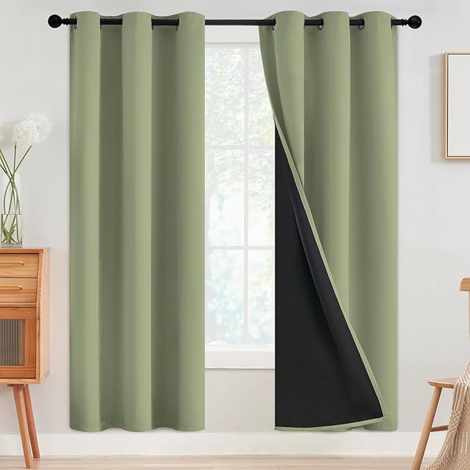 SimpleHome 100% Blackout Curtains for Bedroom,Thermal Insulated Sage Grommet Window Drapes Room Darkening Curtains for Living Room with Black Back,42 x 72 Inch,2 Panels