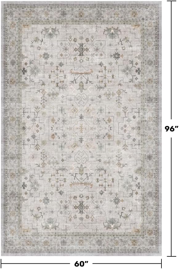 Hazo Haus Boho Light Grey 5x8 Living Room Rug - Modern Vintage Eclectic Floral Pastel Neutral Taupe, Washable Low Pile Non-Slip Large Area Rugs for Nursery Dining Under Table Bedroom Lounge