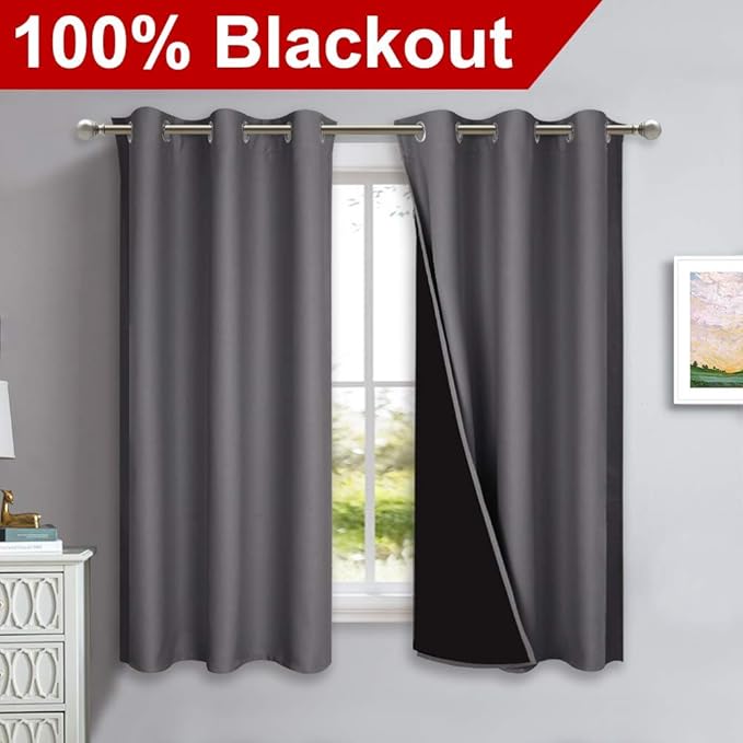 NICETOWN 100% Blackout Curtains with Black Liners, Thermal Insulated Full Blackout 2-Layer Lined Drapes, Energy Efficiency Window Draperies for Bedroom (2 Panels, 42 inches W by 63 inches L, Grey)
