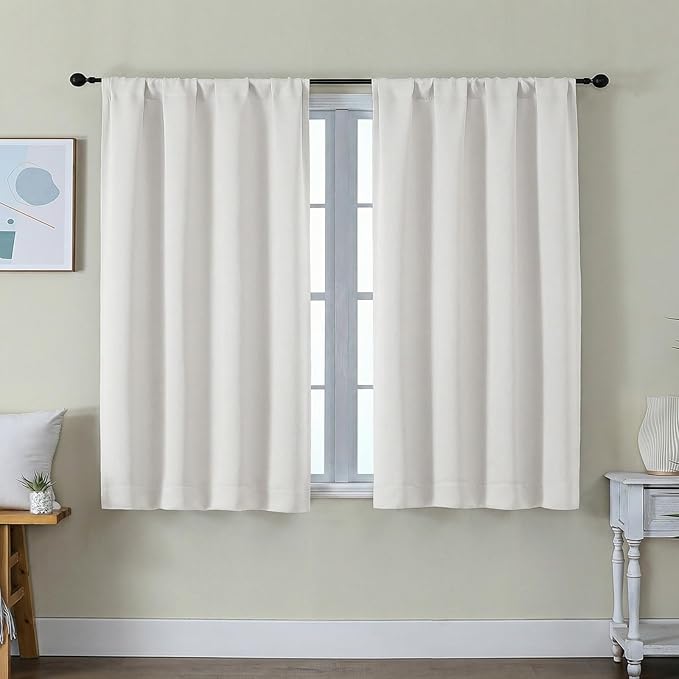 Simplebrand Ava Light Beige Short Light Filtering Curtains for Bedroom 45 Inches Long 2 Panels Set, Solid Thermal Insulated, Energy Saving Window Treatment Curtains Light Filtering, W40 x L45 Inch