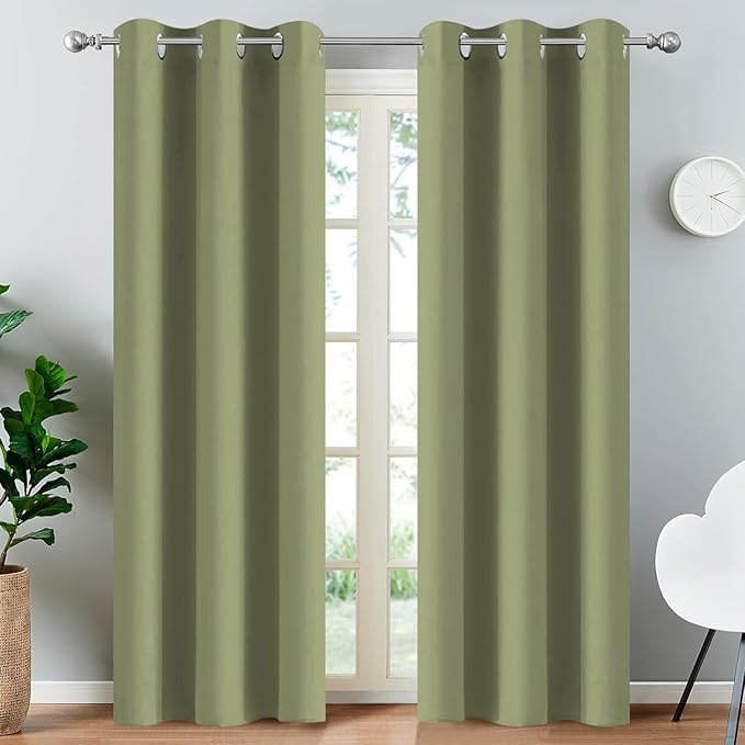 Yakamok Light Blocking Blackout Curtains Thermal Insulated Room Darkening Drapes for Bedroom,Solid Grommet Top Window Drapes, 38x90 Inch, Sage Green, One Pair