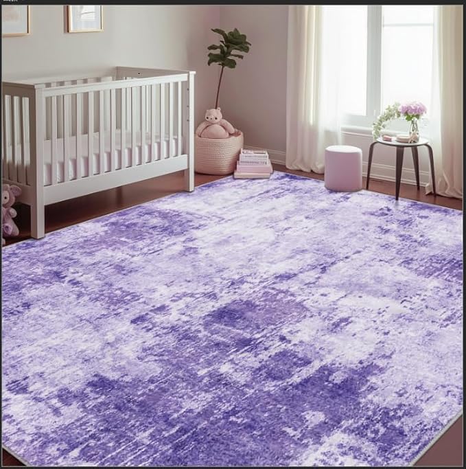 Washable Area Rugs 6'x8' Non-Slip Modern Abstract Soft for Living Room Entryway Bedroom Nursery, Print Pattern, Purple Gray Pink White