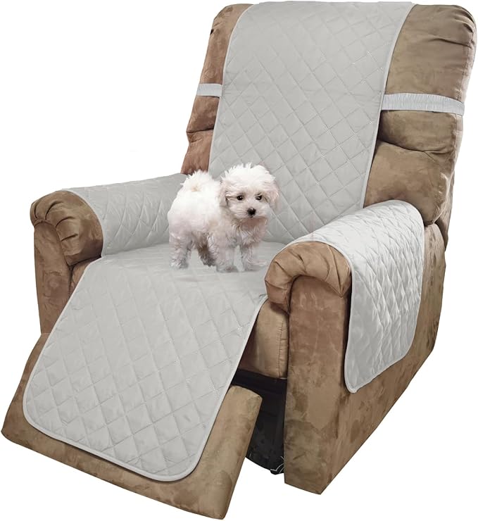 U-NICE HOME Recliner Chair Covers Reversible Quilted Water Repellent Pet Protectors with Elastic Straps (23''Recliner Small, Light Grey/Light Grey)