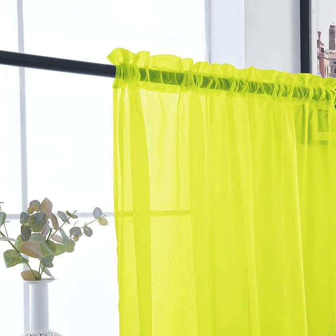 SpaceDresser Basic Rod Pocket Sheer Voile Window Curtain Panels Chartreuse 1 Pair 2 Panels 52 Width 72 Inch Long for Kitchen Bedroom Children Living Room Yard（Chartreuse, 52W x 72L）