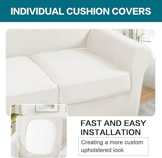 Turquoize 4 Piece Sofa Covers for 3 Cushion Couch Sofa Slipcover Soft Couch Cover for Dogs-Washable Sofa Furniture Cover with 3 Individual Cushion Covers (3 Cushion Sofa, Porcelain)