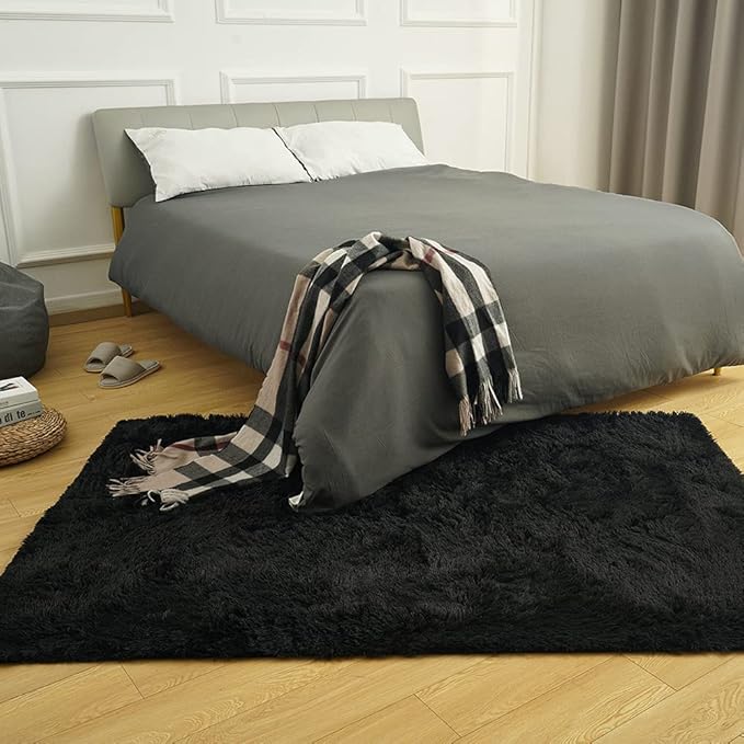 Amearea 8x10 Premium Soft Fluffy Rug Modern Shag Carpet, Fuzzy Shaggy Rugs for Bedroom Living Room Teen Apartment Decor, Comfortable Indoor Furry Dorm Carpets, Black