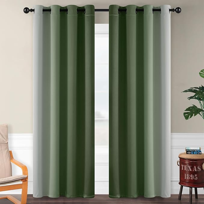 SimpleHome Ombre Room Darkening Curtains for Bedroom, Gradient Sage Green to Grey White Light Blocking Thermal Insulated Grommet Window Curtain/Drapes for Living Room,2 Panels, 52x84 inches Length