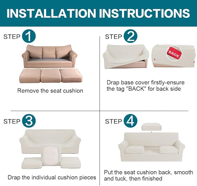 Turquoize 4 Piece Sofa Covers for 3 Cushion Couch Sofa Slipcover Soft Couch Cover for Dogs-Washable Sofa Furniture Covers with 3 Individual Large Cushion Covers (XL Sofa, Cream)