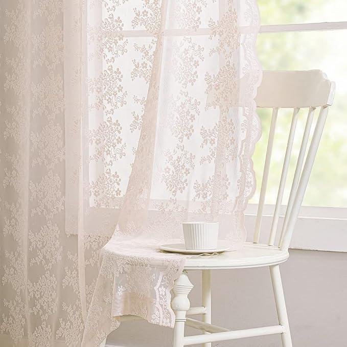 YJ YANJUN Vintage Lace Curtains 84 Inches Long-Victorian Floral Dusty Pink Sheer Curtain Panels for Living Room Bedroom Dining Room, Light Filtering, Shabby Chic Girls Drapes 2 Panels 52W x 84L