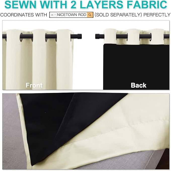 NICETOWN Living Room Completely Shaded Draperies, Privacy Protection & Noise Reducing Ring Top Drapes, Black Lined Insulated Window Treatment Curtain Panels (Beige, 2 Pieces, W52 x L84)