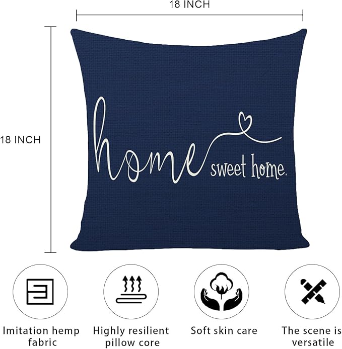 MFGNEH Home Sweet Home Quotes Farmhouse Pillow Covers 18x18 Inch,Farmhouse Decorative Lumbar Throw Pillow Case Cushion Cover,Housewarming Gift,Blue