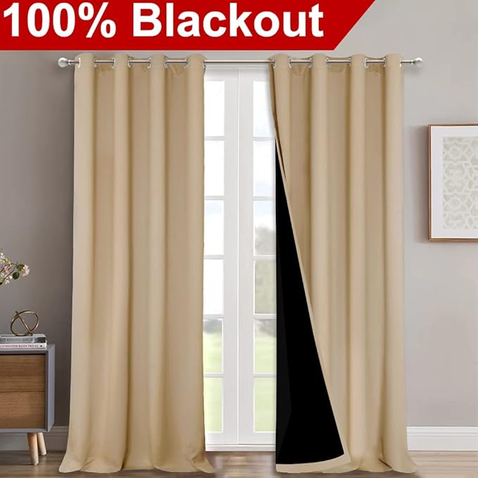 NICETOWN Full Shading Curtains 90 inches Long 2 Panels Set for Windows, Super Heavy-Duty Black Lined Blackout Curtains for Bedroom, Privacy Assured Window Treatment (Biscotti Beige, 52 inches W)